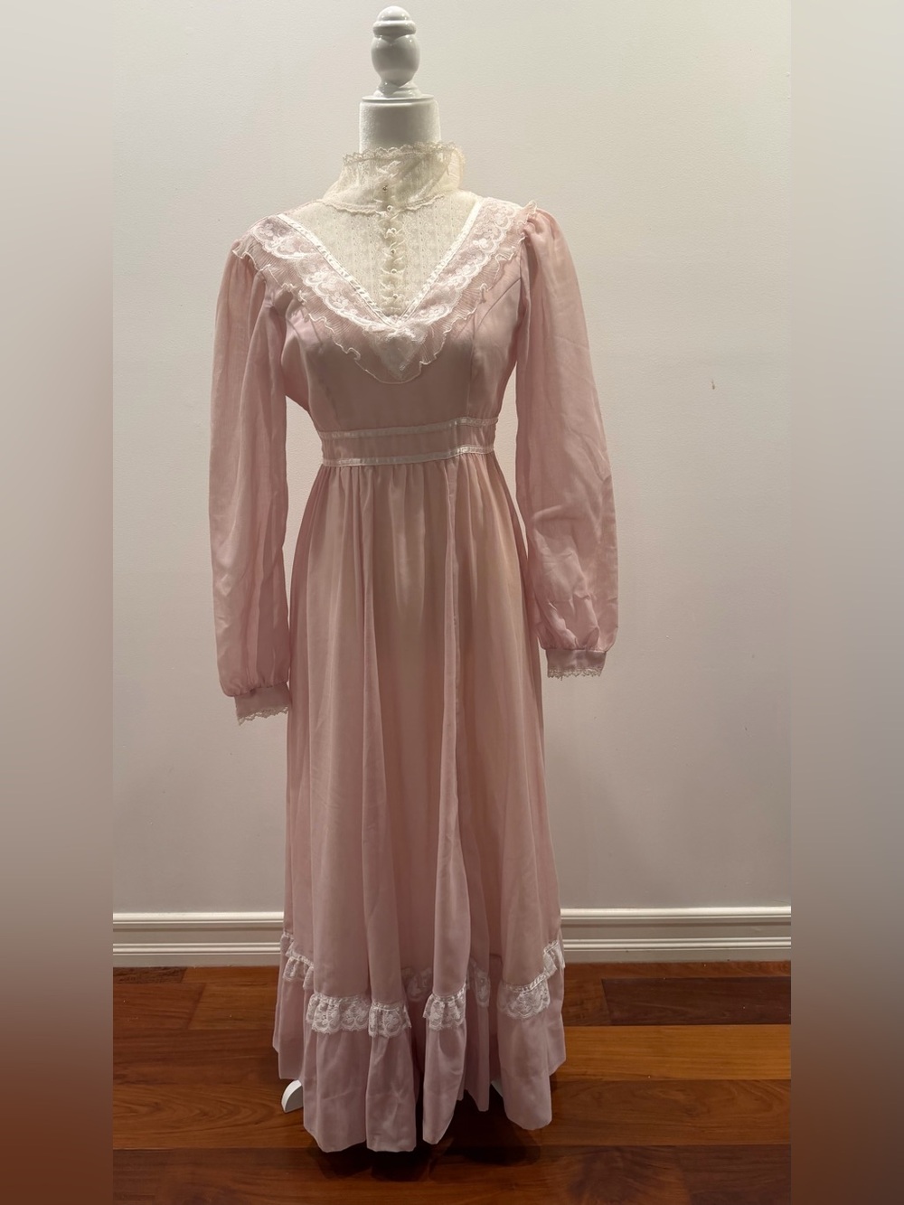 Gunne Sax Pale Pink Lace Trim Maxi Dress